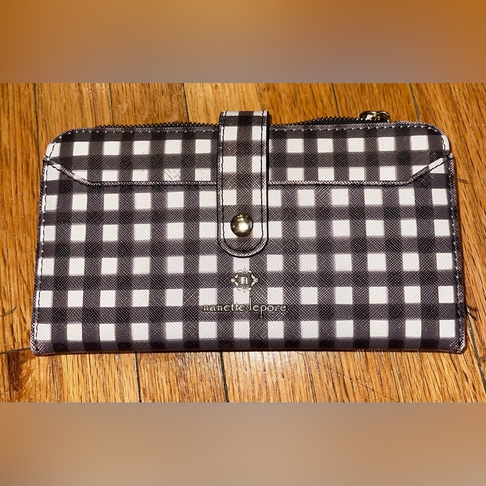 Nanette Lepore Dark Gray & White Gingham Zip-Top Wallet